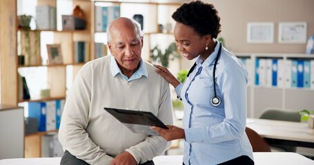 Hospital, clipboard and doctor with old man for consulting, medical service and diagnosis. Healthcare, clinic and woman with senior patient with paperwork for medicare, insurance and prescription