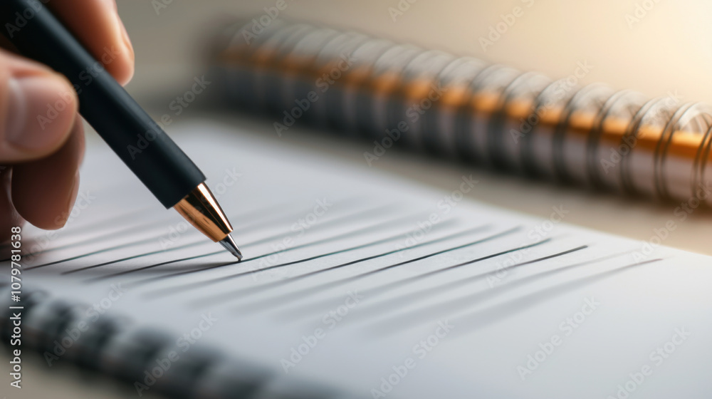 Poster a hand writing lines on a blank notebook page with a pen, emphasizing creativity and note-taking in 