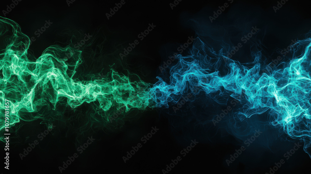 Poster quantum computing data analytics concept. a visual representation of swirling blue and green smoke o