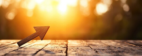An arrow points toward a glowing sunset, symbolizing direction and optimism on a rustic wooden surface.