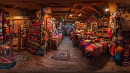 Vibrant and colorful traditional market stall filled with handmade textiles and crafts