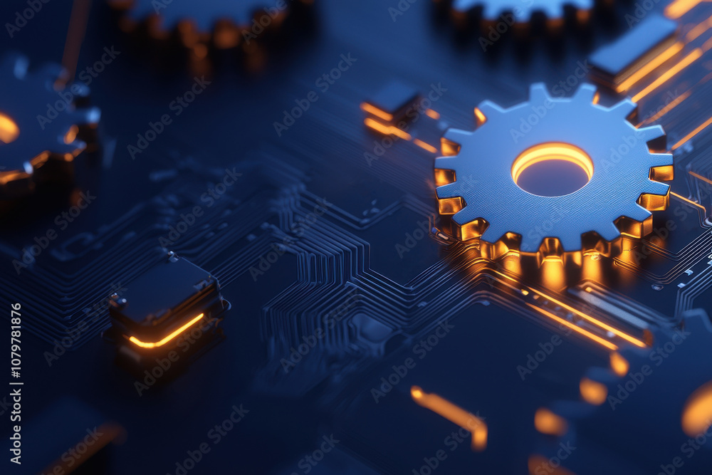Poster a close-up view of metallic gears on a circuit board, showcasing intricate design and glowing elemen