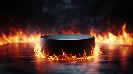 A dramatic scene featuring a circular object surrounded by flames, creating an intense and fiery atmosphere.