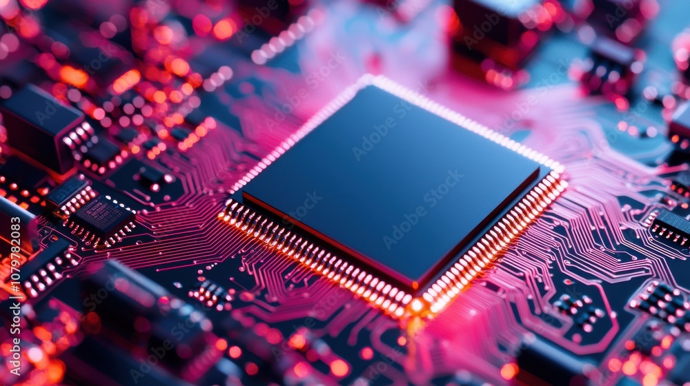 Poster a close-up image of a microchip on a circuit board, illuminated by vibrant red lighting, showcasing 