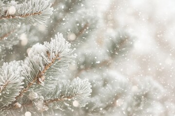 Snowy pine tree branches with sparkling snowflakes in the air