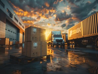 Naklejka premium Pallets stacked in a shipping yard at sunset. AI.