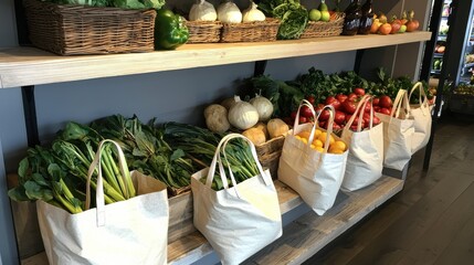 Showcasing ecofriendly grocery store shelf urban market unpackaged goods sustainable setting consumer perspective green living concept