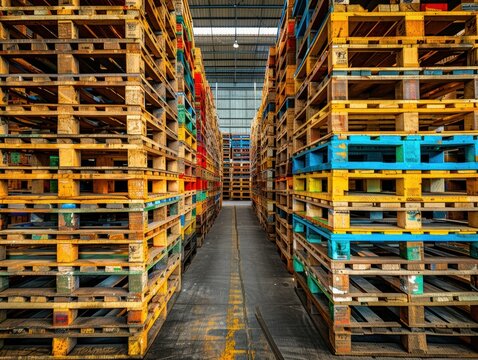 A narrow aisle between two rows of stacked wooden pallets. AI.