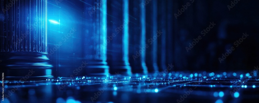 Poster an abstract image featuring glowing blue light and digital patterns, evoking a sense of technology a