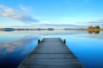 Fototapeta premium Wooden dock leading to a calm lake with a blue sky and clouds reflected in the water.