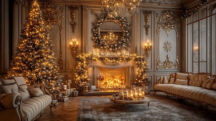 Glamorous holiday decor, modern living room with a chic gold and silver Christmas tree, stylish mantle adorned with glittering garland and elegant candles, luxurious ambiance,