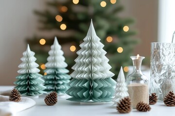 Christmas table setting with white and green decorations, paper pine trees, wooden cone placers, glass vases, and a Christmas tree in the background, captured in soft light with a bokeh effect.