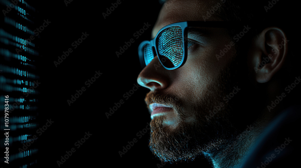 Poster quantum computing data analytics concept. a close-up of a man in glasses gazing at a glowing screen,