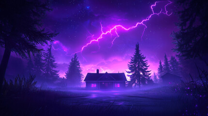Fototapeta premium A mystical landscape featuring a house under a vibrant purple sky illuminated by lightning, surrounded by tall trees in a hazy atmosphere.