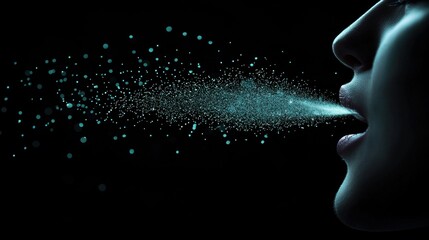 A close-up of a person exhaling particles, creating a mist effect against a dark background, highlighting breath and moisture.