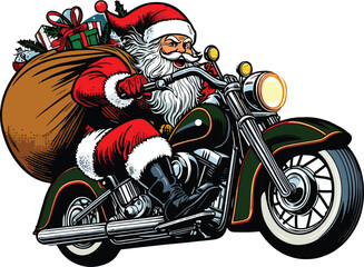 Santa riding a Harley with a sack of gifts behind him