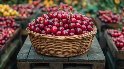 A wicker basket overflowing with ripe, red cherries sits on a wooden crate, surrounded by other crates of cherries in the background.