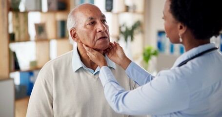 Hospital, doctor and mature man with sore throat for medical service, help and treatment....