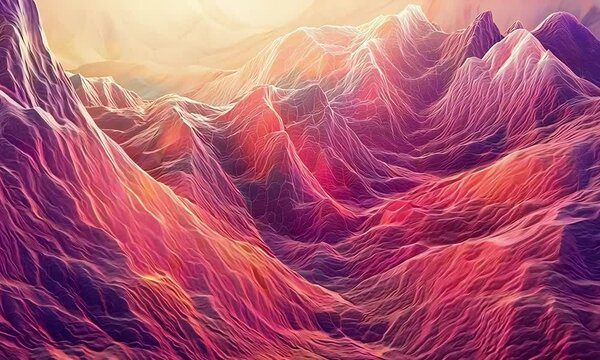 On Earth flowing with light and frequency in coral, peach, and salmon colors surreal mountains.