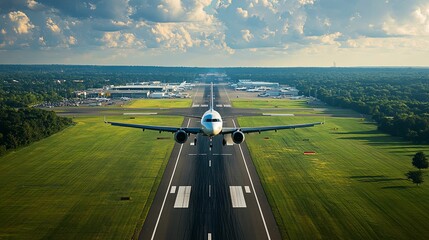 Airplane Landing on Runway at Airport with Cloudy Sky