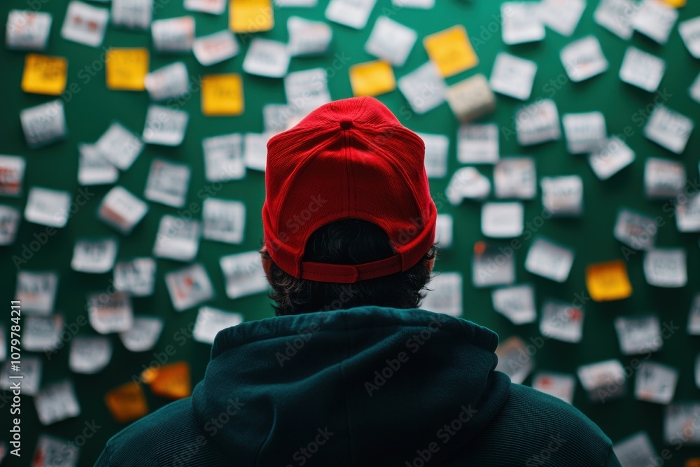 Poster a person in a red cap facing a wall covered with colorful sticky notes, suggesting brainstorming or 