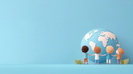 Four children stand together, reaching out to a colorful globe against a blue background, symbolizing unity and global awareness.