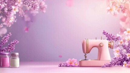 A charming pink sewing machine surrounded by soft pastel flowers, showcasing a serene and creative crafting environment.