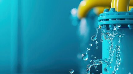 A close-up of a blue water valve with yellow pipes, showcasing water dripping, emphasizing fluid dynamics and plumbing aesthetics.