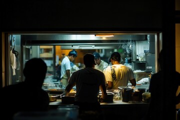 Busy kitchen scene with chefs preparing food