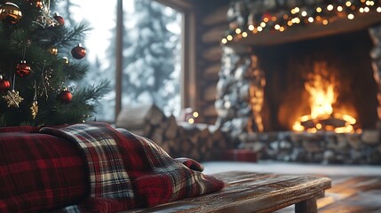 Log cabin Christmas scene, roaring fireplace, Christmas tree adorned with handcrafted ornaments, natural wood beams, plaid blanket on a wooden bench, soft ambient lighting, cozy and inviting feel,