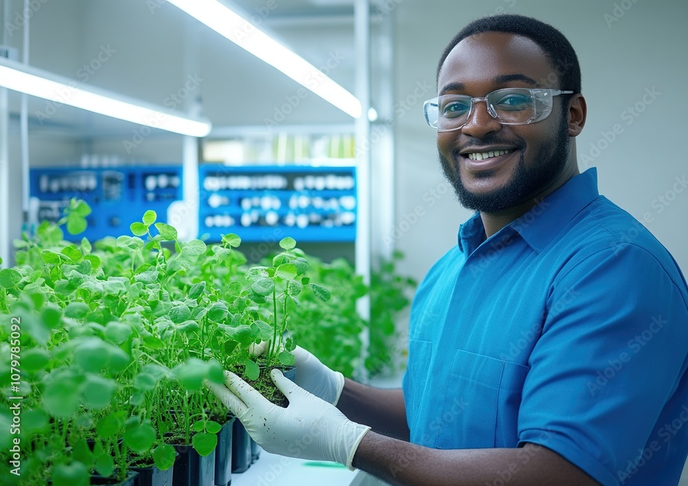 Poster smiling scientist working with green plants in lab