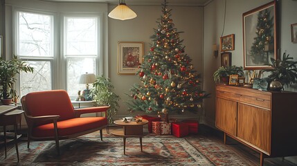 Mid-century Christmas living room, vintage tree adorned with antique baubles, retro-style...