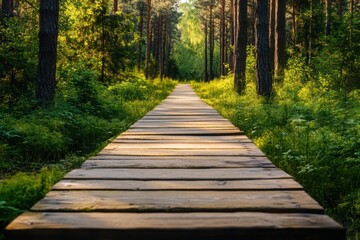Fototapeta premium Wooden path leading through a lush forest.