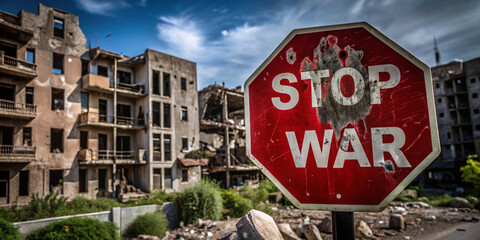 A stop sign reading "Stop War" against a background of damaged buildings, symbolizing peace, anti-war sentiment, and the horrors of conflict.