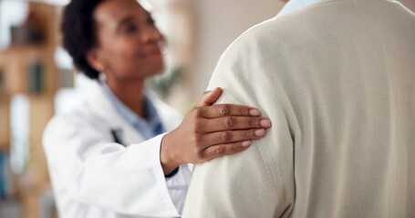 Care, woman and doctor with hand on shoulder for advice, kindness and service in clinic...