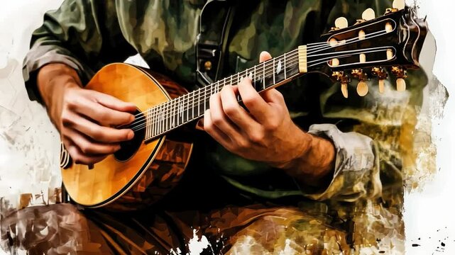 Mandolin Melodies: A close-up shot of a man's hands skillfully playing a vintage mandolin, the rich wood tones and intricate details captured in a painterly style.