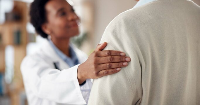 Care, woman and doctor with hand on shoulder for advice, kindness and service in clinic consultation. Support, comfort and medical professional with patient for empathy, help and hospital healthcare
