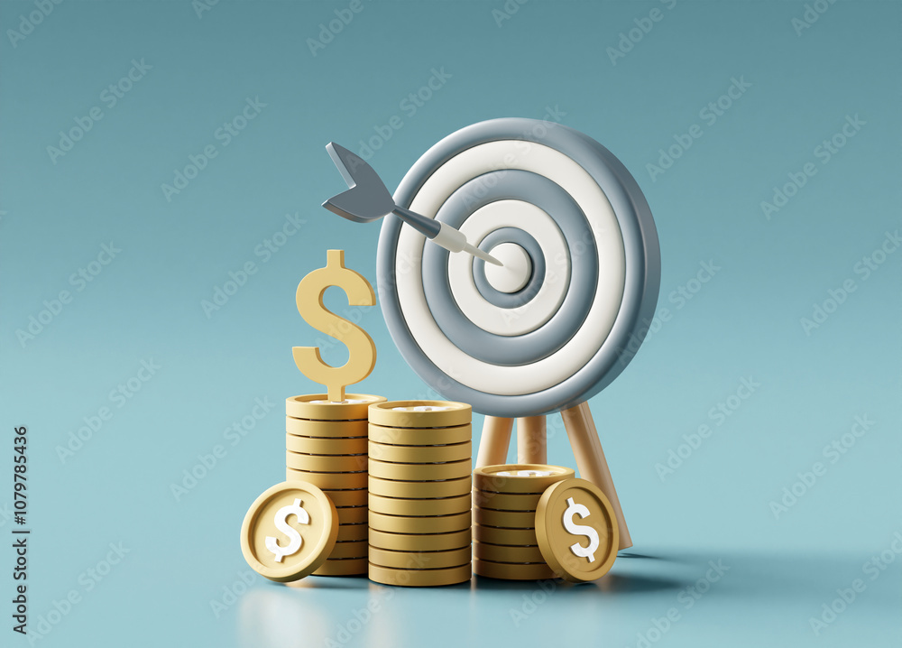 Poster 3d rendered illustration of the concept icon of achieving financial goals and adding value. with tar