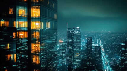 A tall skyscraper in the heart of the city, its windows glowing brightly with lights at night. The vibrant illumination creates a stunning contrast against the dark urban skyline.