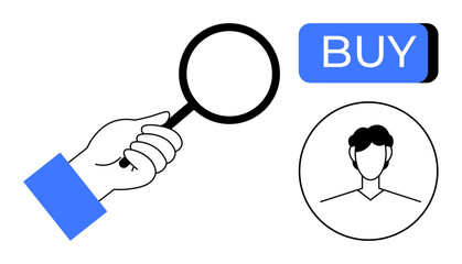 Hand holding a magnifying glass, highlighting a BUY button and male avatar icon. Ideal for e-commerce, customer identification, online shopping, marketing, UX design, digital advertising, and product