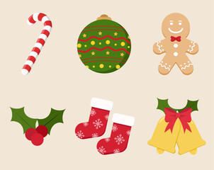 Set of christmas holiday elements with candy cane, decoration ball, gingerbread, holly berries, christmas socks, and bells. Vector illustration colorful christmas elements.