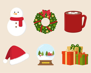 Set of christmas holiday elements with snowman, wreath, hot chocolate, santa hat, snowball and presents. Vector illustration colorful christmas elements.