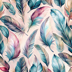 Dreamy Watercolor Feather Seamless Design, Soft Blending Colors. Perfect for: Bohemian Themed Events, Spring Parties