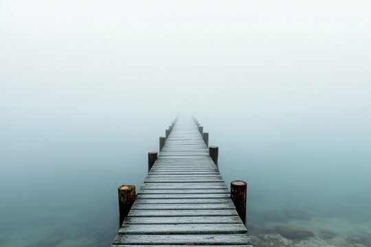 Fototapeta Wooden pier disappearing into dense fog over a still lake.