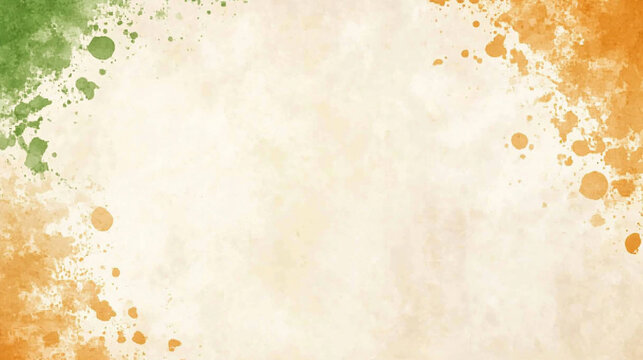 Abstract watercolor background with green and orange splatter on a white background.