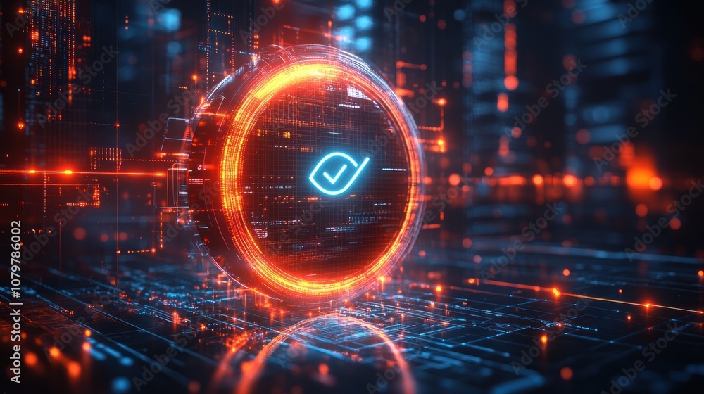 Poster futuristic digital orb with glowing elements and circuitry.