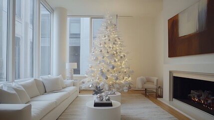 Modern minimalist Christmas decor, living room with a white Christmas tree, simple silver and white ornaments, clean lines, neutral color palette, soft natural lighting, serene and stylish look,