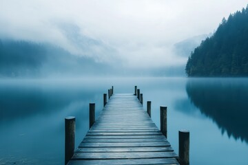 Wooden pier extending into a misty lake, with mountains in the background.