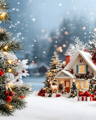 Charming Christmas or New Year and winter scene with festive decorations.