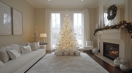 Modern minimalist Christmas decor, living room with a white Christmas tree, simple silver and white ornaments, clean lines, neutral color palette, soft natural lighting, serene and stylish look,